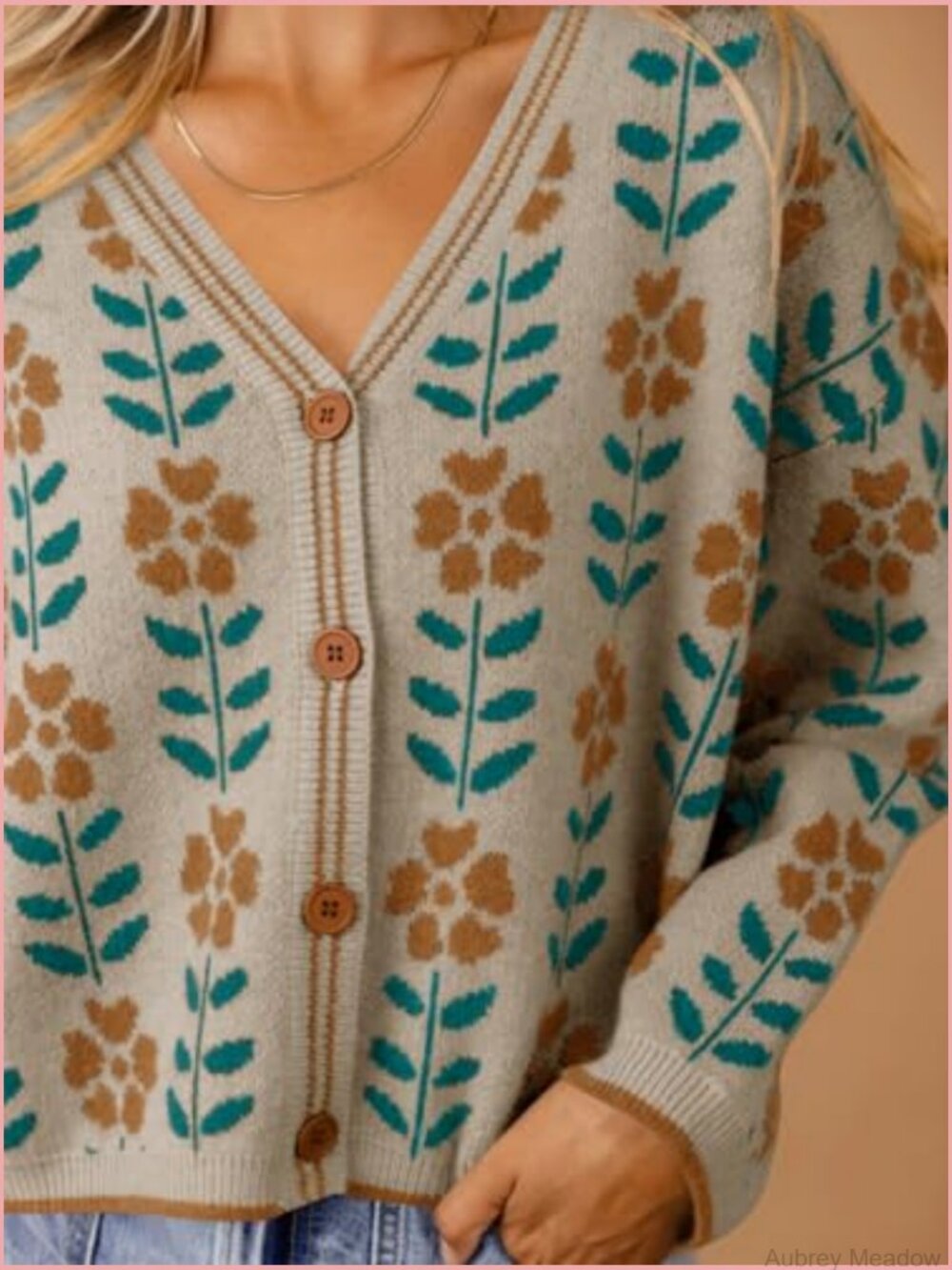 Floral V-Neck Cardigan Open Front Button Down Knit Long Sleeve - Picture 4 of 7
